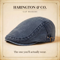 Harington washed denim flat cap with brass side buckles.