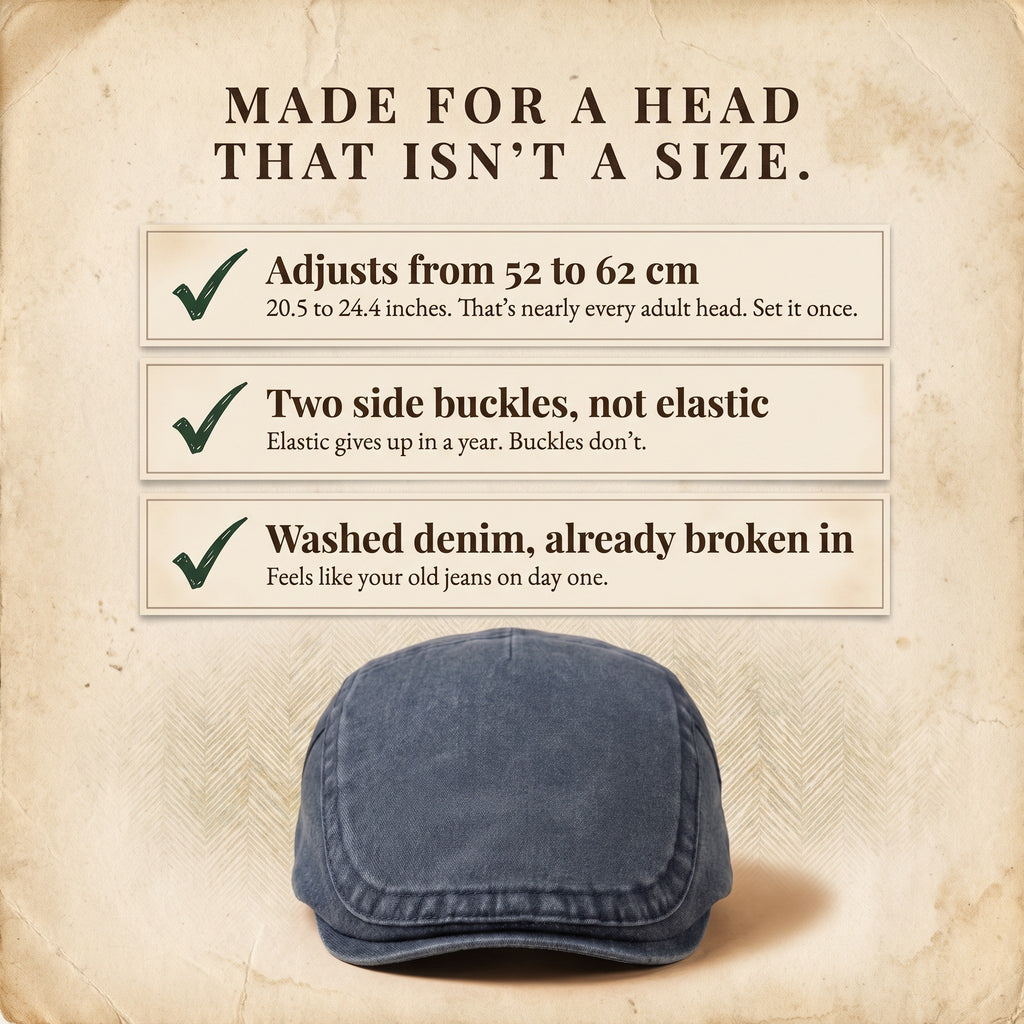 Three reasons the Harington cap fits: adjustable 52–62 cm (20.5–24.4 in), side buckles, washed denim.