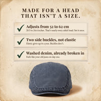 Three reasons the Harington cap fits: adjustable 52–62 cm (20.5–24.4 in), side buckles, washed denim.