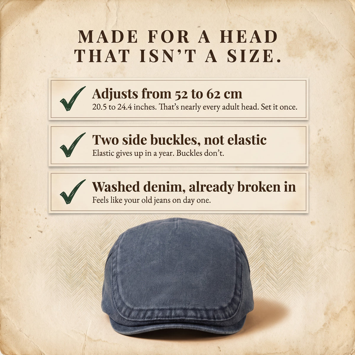 Three reasons the Harington cap fits: adjustable 52–62 cm (20.5–24.4 in), side buckles, washed denim.