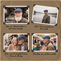 Four family photos of men wearing the Harington cap, with handwritten captions.