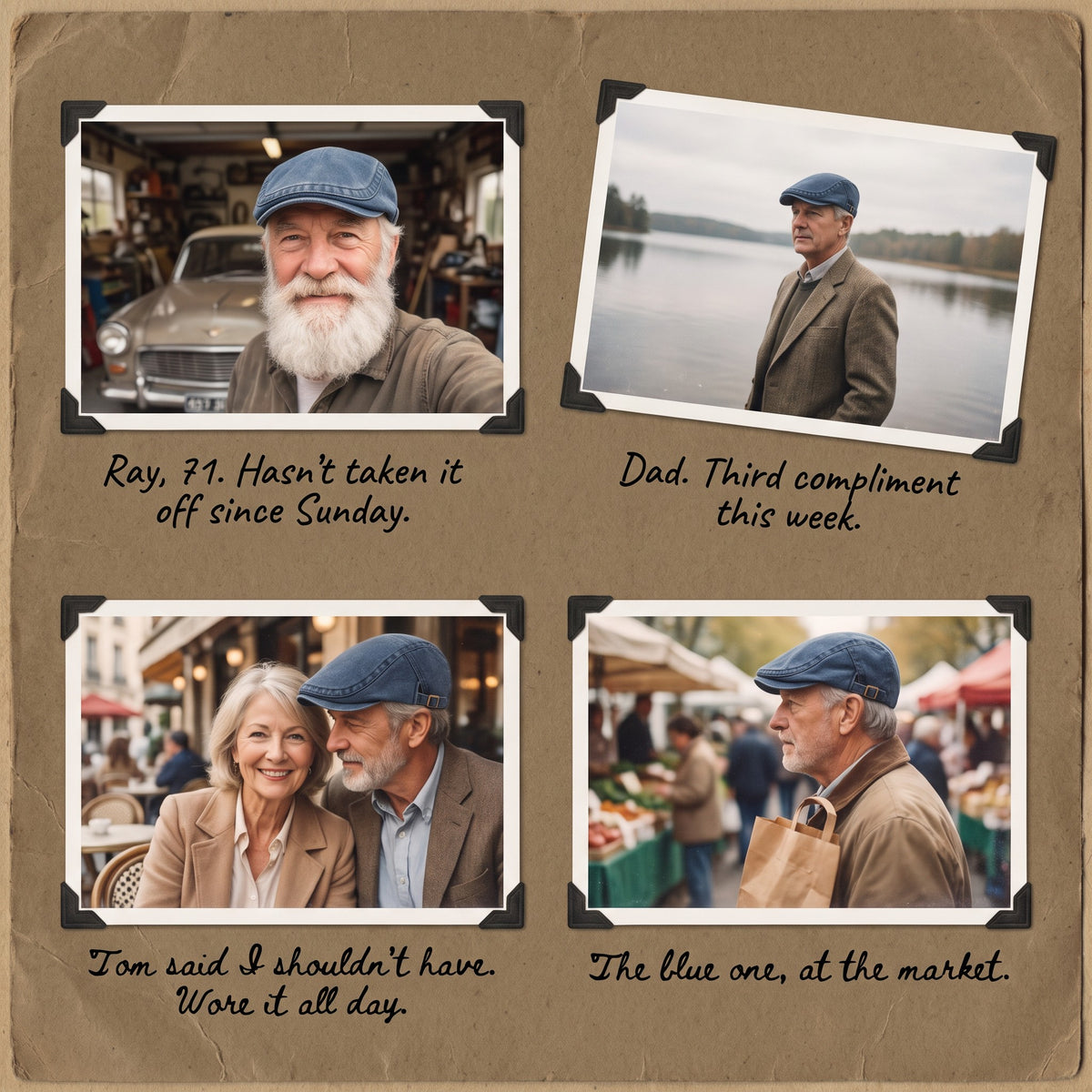 Four family photos of men wearing the Harington cap, with handwritten captions.