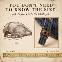 Engraved diagram and close-up of the brass side buckle; the Harington cap adjusts from 52 to 62 cm (20.5–24.4 in).