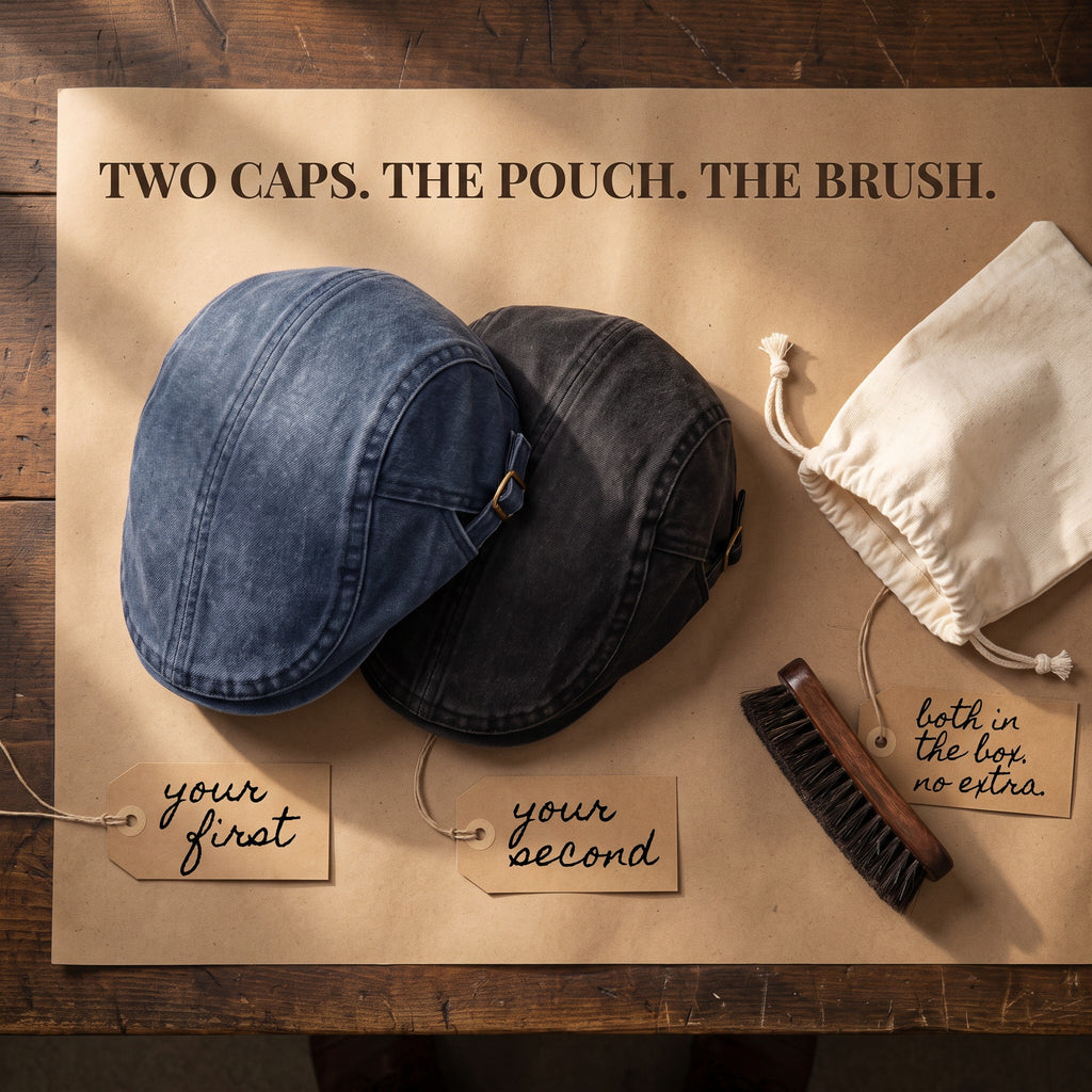 Two Harington caps with the cotton pouch and cap brush included in every order.