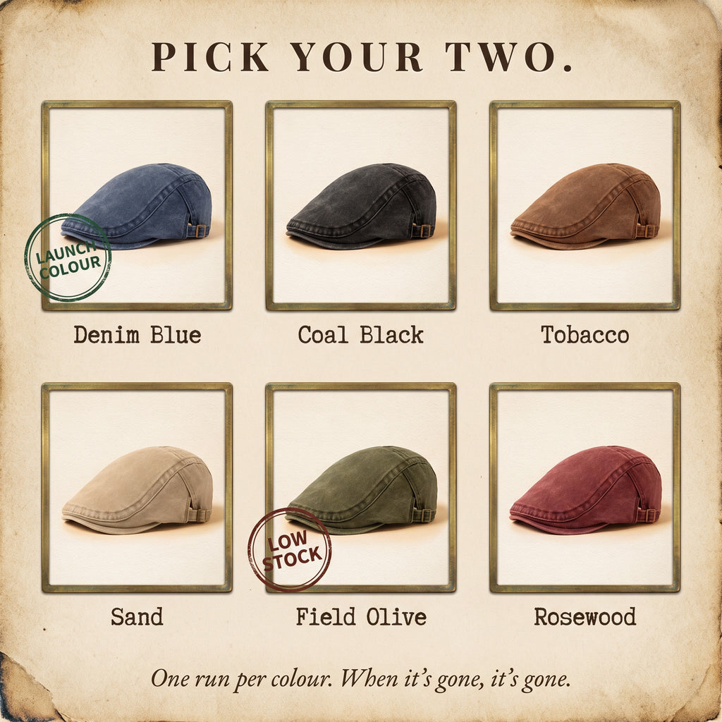 Six Harington cap colours — one production run per colour.