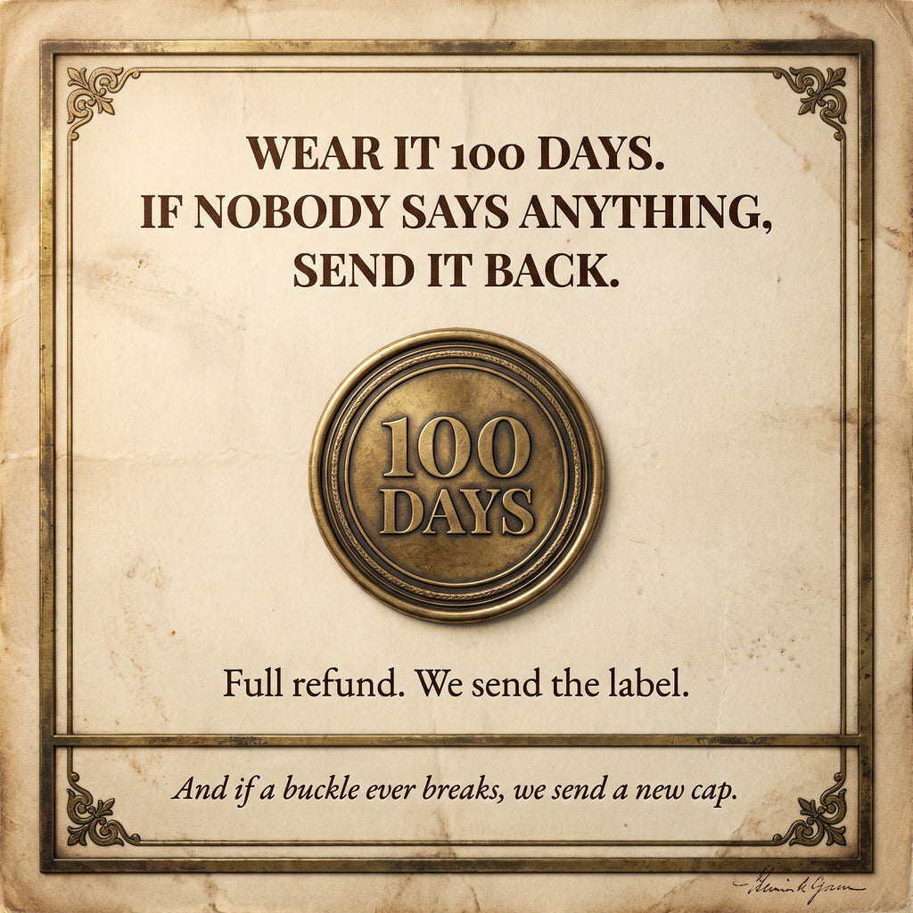 Harington 100-Day Compliment Guarantee and buckles-for-life promise.