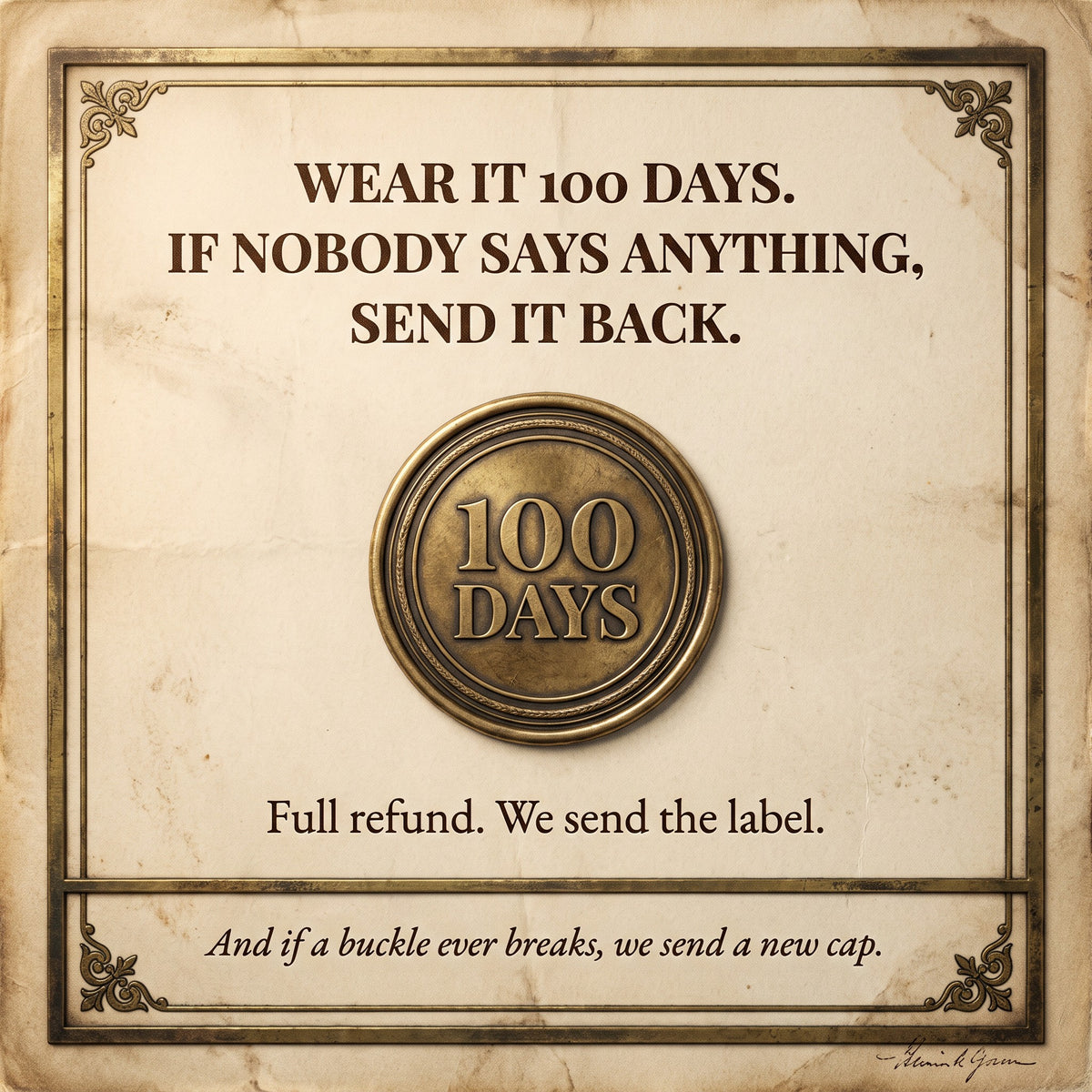 Harington 100-Day Compliment Guarantee and buckles-for-life promise.