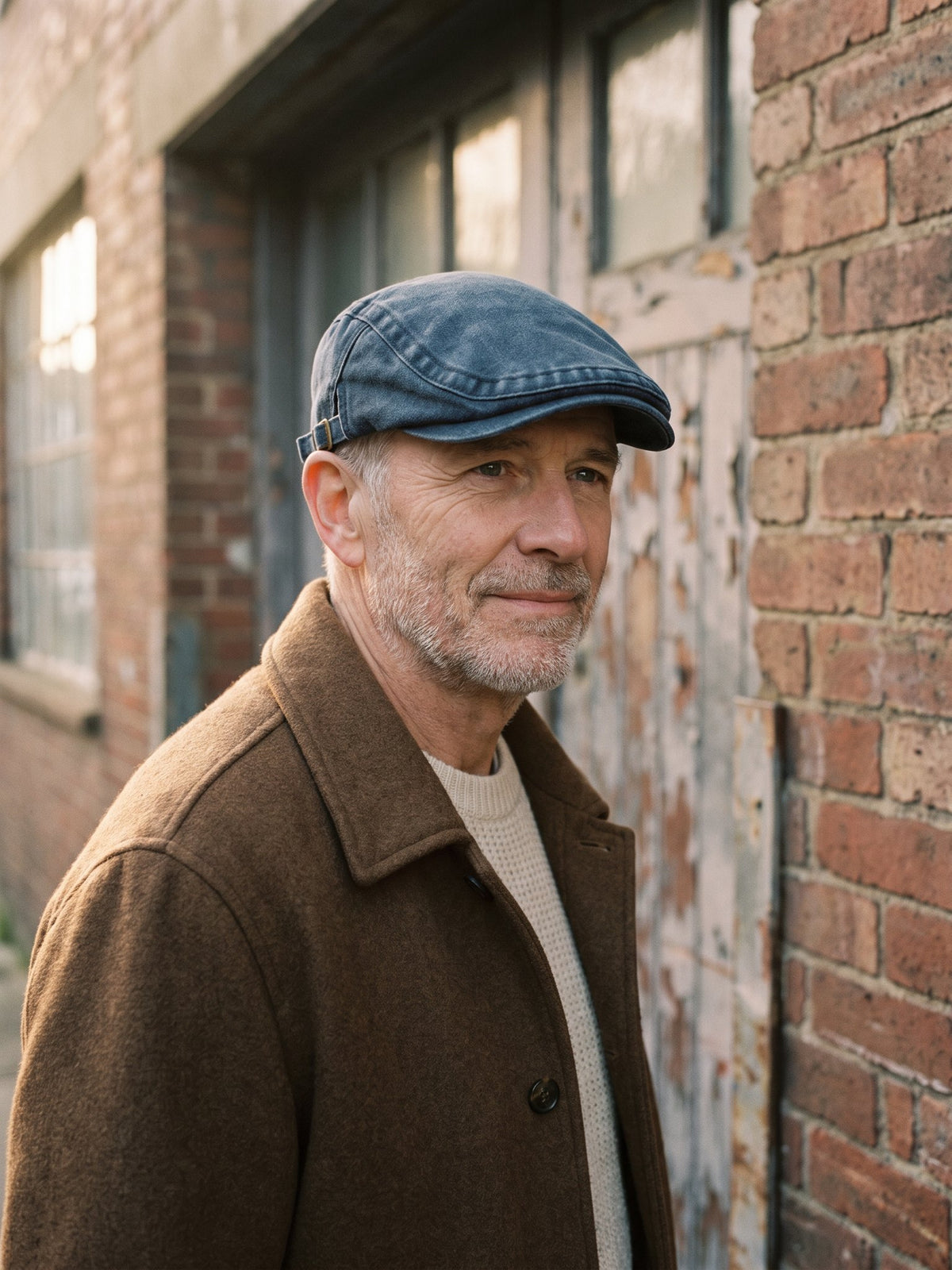 Man in his sixties wearing the Harington washed denim flat cap outside a brick workshop